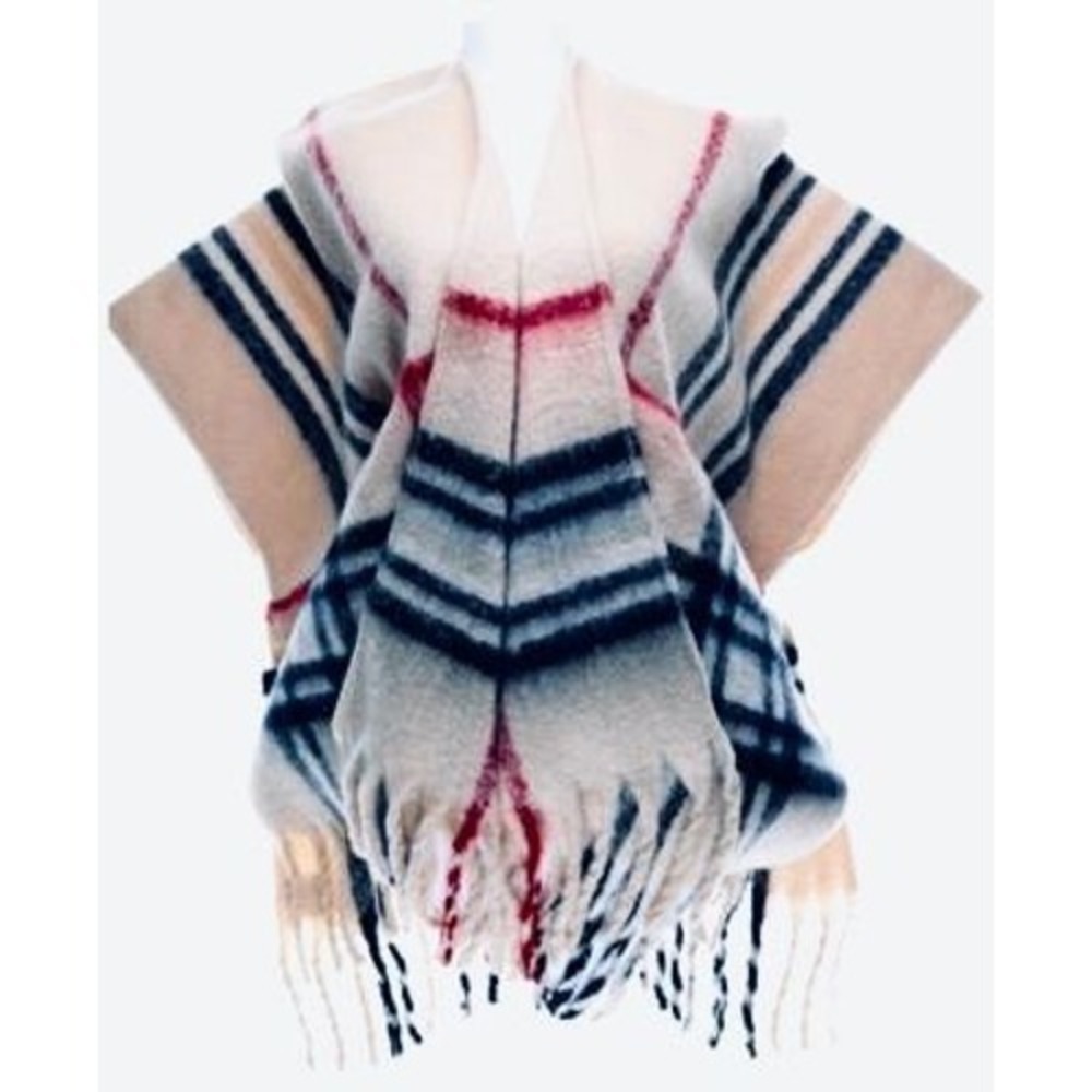 108 FRAAS Women's Plaid Border Bouclé Cape Sweater